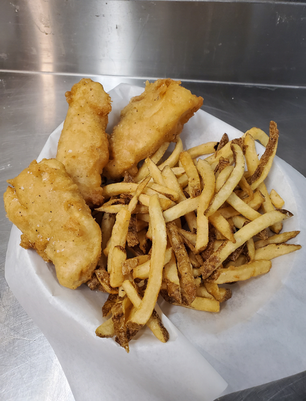 This is a picture of the cold Atlantic cod fish & chips we sell. Our Atlantic cod is flown in weekly, and is fried to a golden brown crunch, but remains light and flakey.