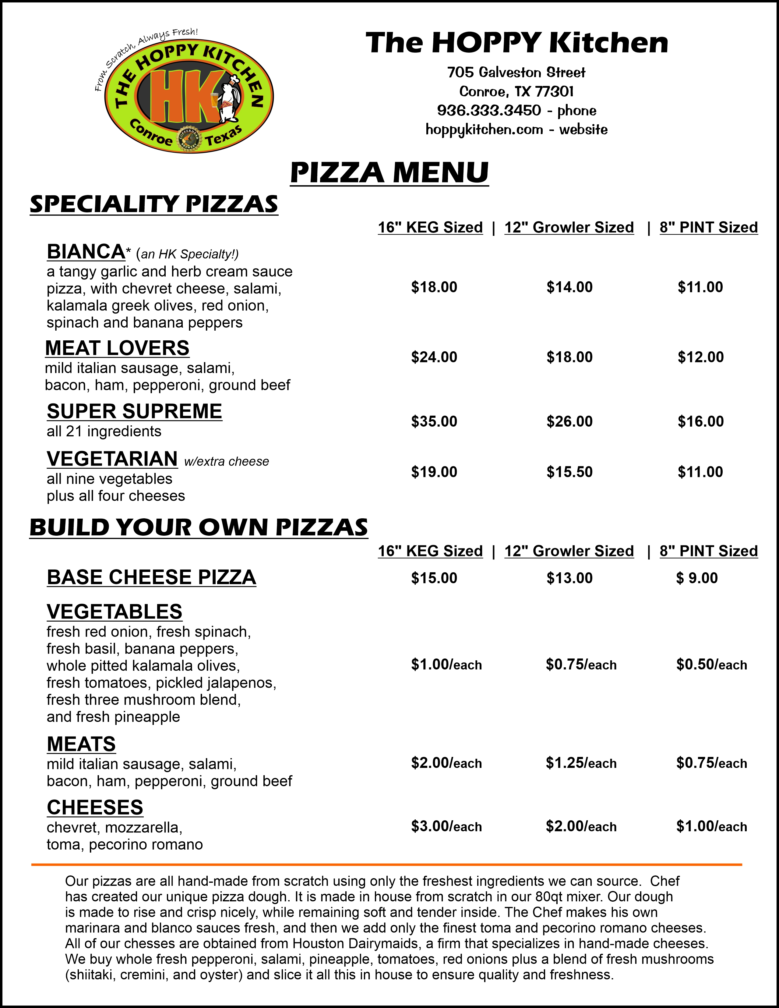 This is the current PIZZA menu for The HOPPY Kitchen